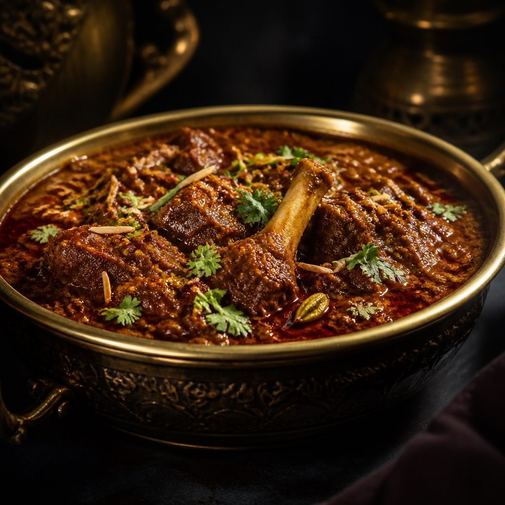 Rich beef qorma in a brass bowl