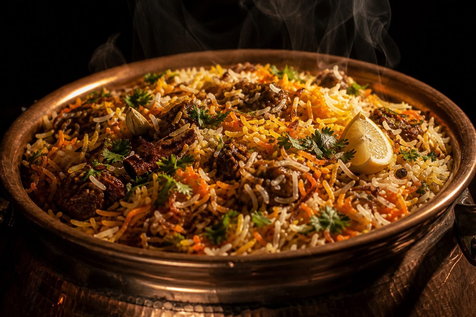 Steaming beef biryani served in a traditional copper degh