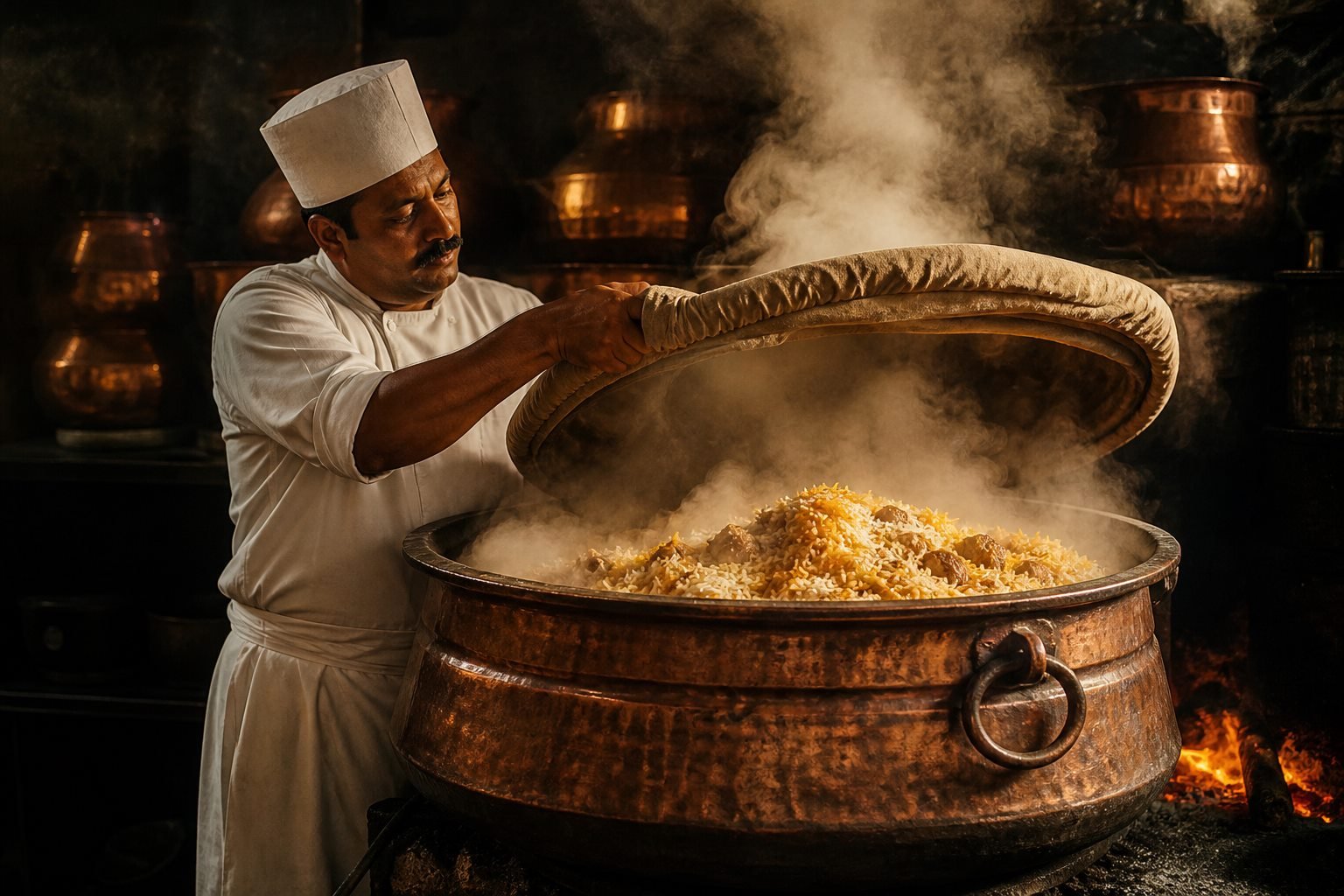 Chef lifting the sealed lid off a copper degh of biryani